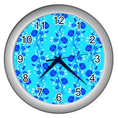 Vertical Floral Rose Flower Blue Wall Clocks (silver) 