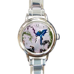 Wonderful Blue Parrot In A Fantasy World Round Italian Charm Watch by FantasyWorld7