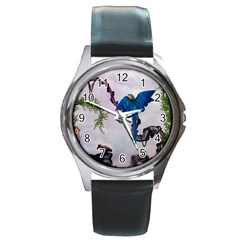 Wonderful Blue Parrot In A Fantasy World Round Metal Watch by FantasyWorld7