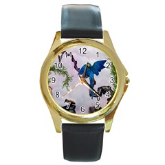 Wonderful Blue Parrot In A Fantasy World Round Gold Metal Watch by FantasyWorld7