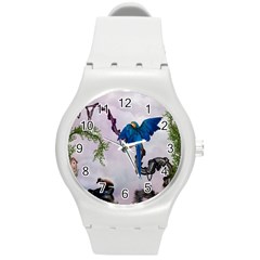 Wonderful Blue Parrot In A Fantasy World Round Plastic Sport Watch (m) by FantasyWorld7