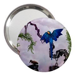 Wonderful Blue Parrot In A Fantasy World 3  Handbag Mirrors by FantasyWorld7