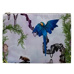 Wonderful Blue Parrot In A Fantasy World Cosmetic Bag (xxl)  by FantasyWorld7