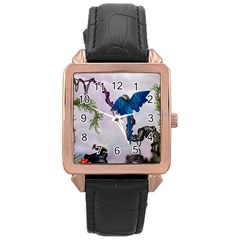 Wonderful Blue Parrot In A Fantasy World Rose Gold Leather Watch  by FantasyWorld7