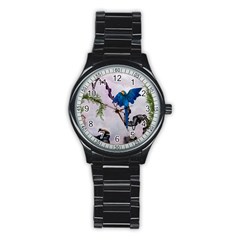 Wonderful Blue Parrot In A Fantasy World Stainless Steel Round Watch by FantasyWorld7