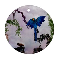 Wonderful Blue Parrot In A Fantasy World Round Ornament (two Sides) by FantasyWorld7