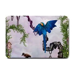 Wonderful Blue Parrot In A Fantasy World Small Doormat  by FantasyWorld7