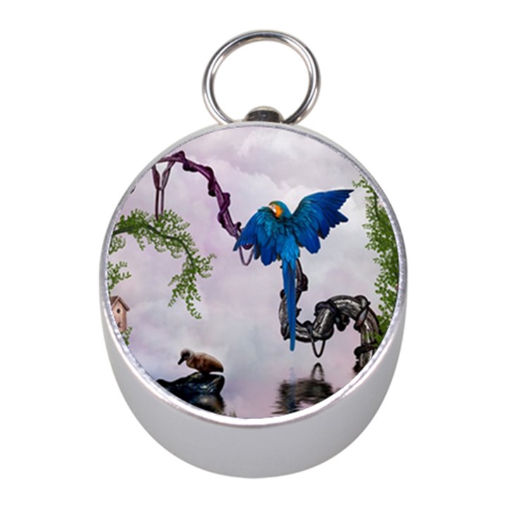 Wonderful Blue Parrot In A Fantasy World Mini Silver Compasses