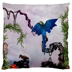 Wonderful Blue Parrot In A Fantasy World Large Flano Cushion Case (one Side) by FantasyWorld7