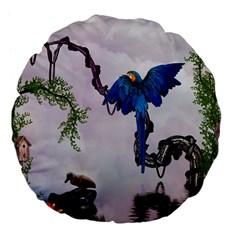 Wonderful Blue Parrot In A Fantasy World Large 18  Premium Flano Round Cushions by FantasyWorld7