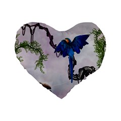 Wonderful Blue Parrot In A Fantasy World Standard 16  Premium Flano Heart Shape Cushions by FantasyWorld7