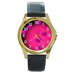 Pink Hearth Background Wallpaper Texture Round Gold Metal Watch by Nexatart