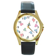 Colorful Random Hearts Round Gold Metal Watch by Nexatart