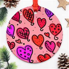 Valentine Wallpaper Whimsical Cartoon Pink Love Heart Wallpaper Design Ornament (round) by Nexatart