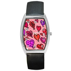 Valentine Wallpaper Whimsical Cartoon Pink Love Heart Wallpaper Design Barrel Style Metal Watch by Nexatart