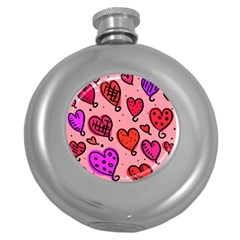 Valentine Wallpaper Whimsical Cartoon Pink Love Heart Wallpaper Design Round Hip Flask (5 Oz) by Nexatart