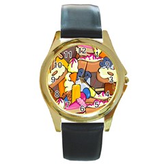 Sweet Stuff Digitally Food Round Gold Metal Watch