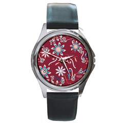 Floral Seamless Pattern Vector Round Metal Watch by Nexatart