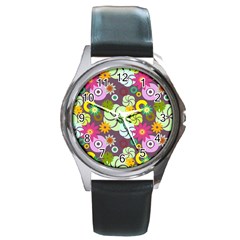 Floral Seamless Pattern Vector Round Metal Watch by Nexatart