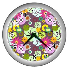 Floral Seamless Pattern Vector Wall Clocks (silver)  by Nexatart