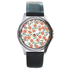 Floral Seamless Pattern Vector Round Metal Watch by Nexatart