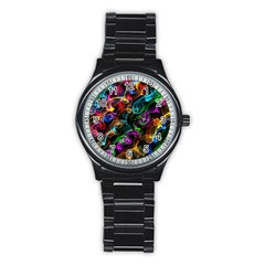 Rainbow Ribbon Swirls Digitally Created Colourful Stainless Steel Round Watch by Nexatart