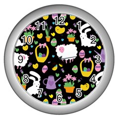 Cute Easter Pattern Wall Clocks (silver)  by Valentinaart