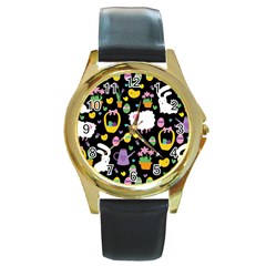 Cute Easter Pattern Round Gold Metal Watch by Valentinaart