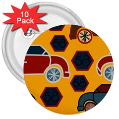 Husbands Cars Autos Pattern On A Yellow Background 3  Buttons (10 Pack)  by Nexatart