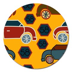 Husbands Cars Autos Pattern On A Yellow Background Magnet 5  (round) by Nexatart