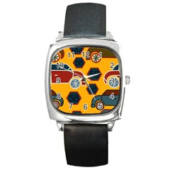 Husbands Cars Autos Pattern On A Yellow Background Square Metal Watch by Nexatart