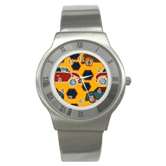 Husbands Cars Autos Pattern On A Yellow Background Stainless Steel Watch by Nexatart