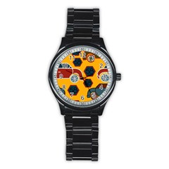 Husbands Cars Autos Pattern On A Yellow Background Stainless Steel Round Watch by Nexatart