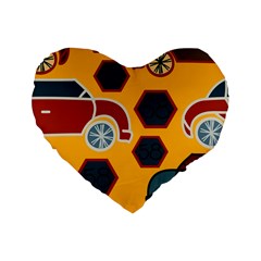 Husbands Cars Autos Pattern On A Yellow Background Standard 16  Premium Flano Heart Shape Cushions by Nexatart