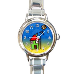 Colorful Illustration Of A Doodle House Round Italian Charm Watch by Nexatart