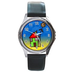 Colorful Illustration Of A Doodle House Round Metal Watch by Nexatart