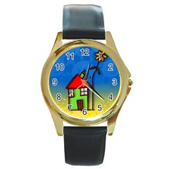 Colorful Illustration Of A Doodle House Round Gold Metal Watch