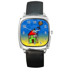 Colorful Illustration Of A Doodle House Square Metal Watch by Nexatart