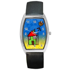 Colorful Illustration Of A Doodle House Barrel Style Metal Watch by Nexatart