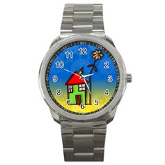 Colorful Illustration Of A Doodle House Sport Metal Watch by Nexatart