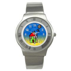 Colorful Illustration Of A Doodle House Stainless Steel Watch by Nexatart