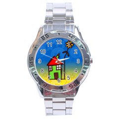 Colorful Illustration Of A Doodle House Stainless Steel Analogue Watch by Nexatart