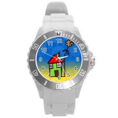 Colorful Illustration Of A Doodle House Round Plastic Sport Watch (l) by Nexatart