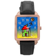 Colorful Illustration Of A Doodle House Rose Gold Leather Watch  by Nexatart