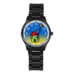 Colorful Illustration Of A Doodle House Stainless Steel Round Watch by Nexatart