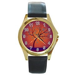 Beautiful Tree Background Round Gold Metal Watch by Nexatart