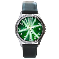 Green Leaf Macro Detail Round Metal Watch by Nexatart