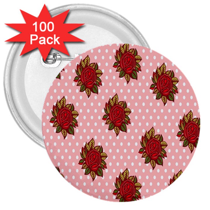 Pink Polka Dot Background With Red Roses 3  Buttons (100 pack) 