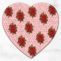 Pink Polka Dot Background With Red Roses Jigsaw Puzzle (heart) by Nexatart