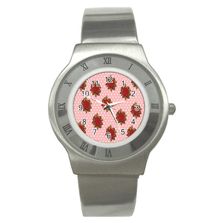 Pink Polka Dot Background With Red Roses Stainless Steel Watch